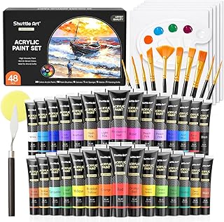 Shuttle Art 48PCS Kit Peinture Arylique, 30 Couleurs (36ml) de Tube Peinture Acrylique avec 10 Pinceaux 5 Toiles 1 Couteau 1 Palette 1 Éponge, Parfait pour Adultes Artistes
