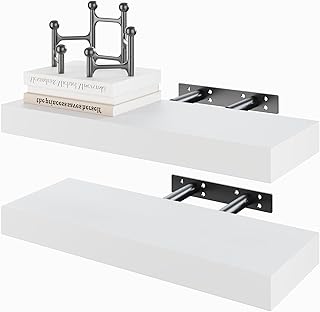 BAMEOS Lot de 2 étagères flottantes en Bois Blanches avec Pinces Invisibles - Décoration Murale pour Chambre à Coucher, Salle de Bain, Salon et Cuisine