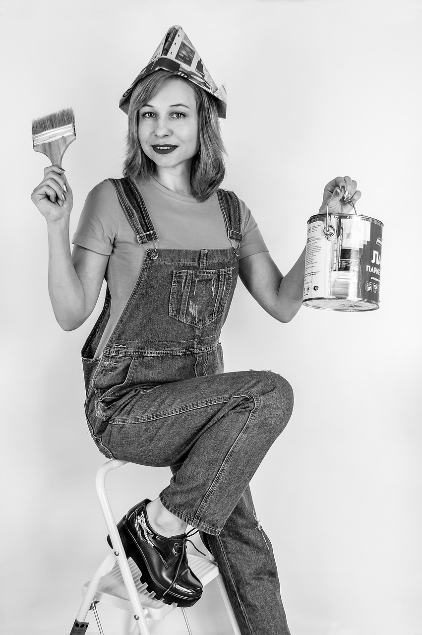 repair, paint, woman, painter, paintbrush, work, construction, builder, girl, pose, portrait, monochrome
